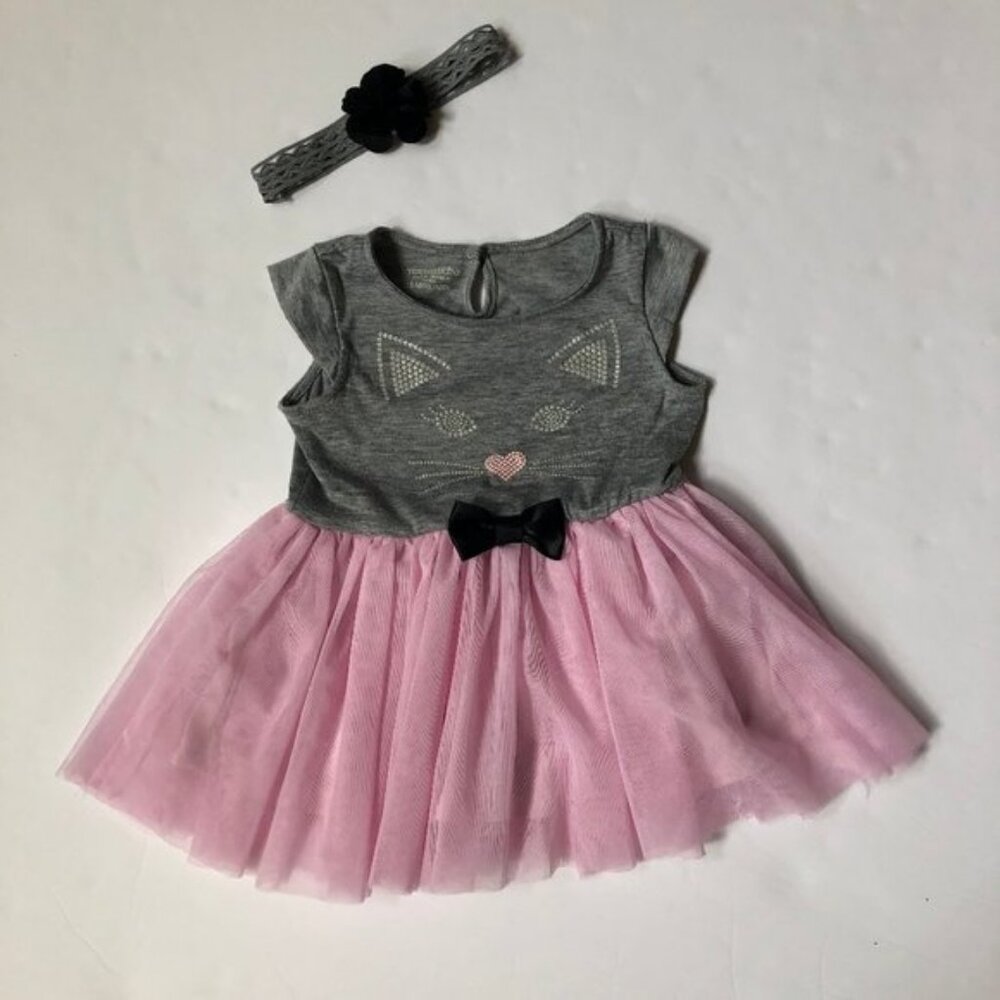 Toughskin Pink and Gray Kitten Face Infant Girl Dress with Headband Size 12 M